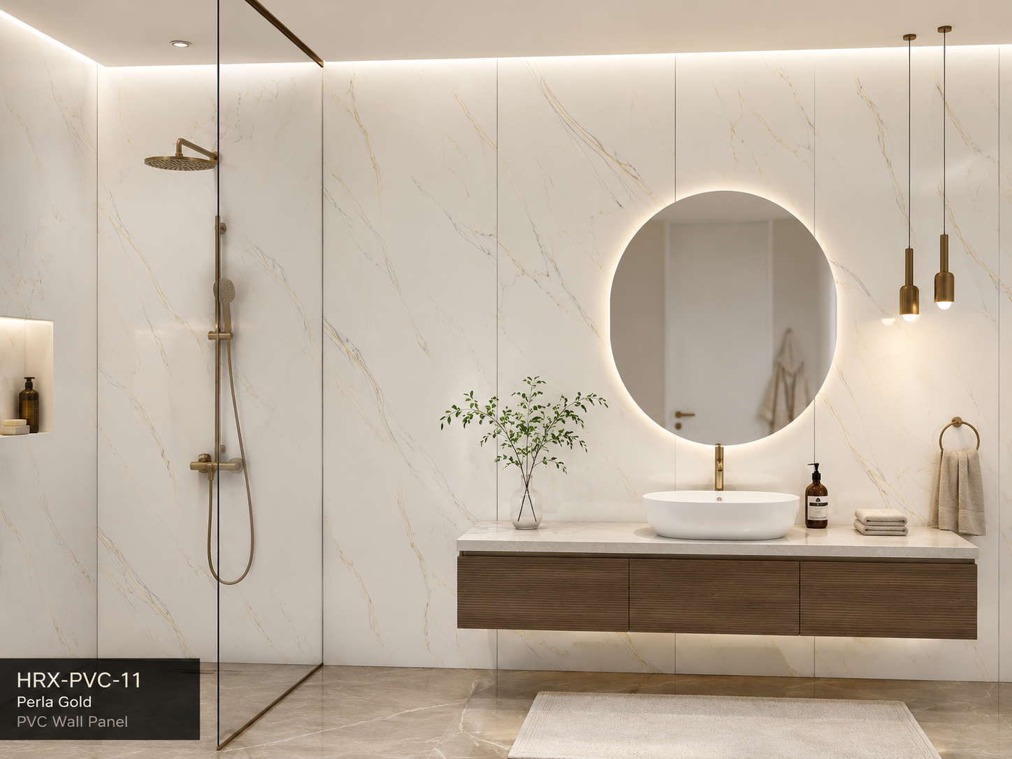 Baño con panel decorativo PVC Perla Gold