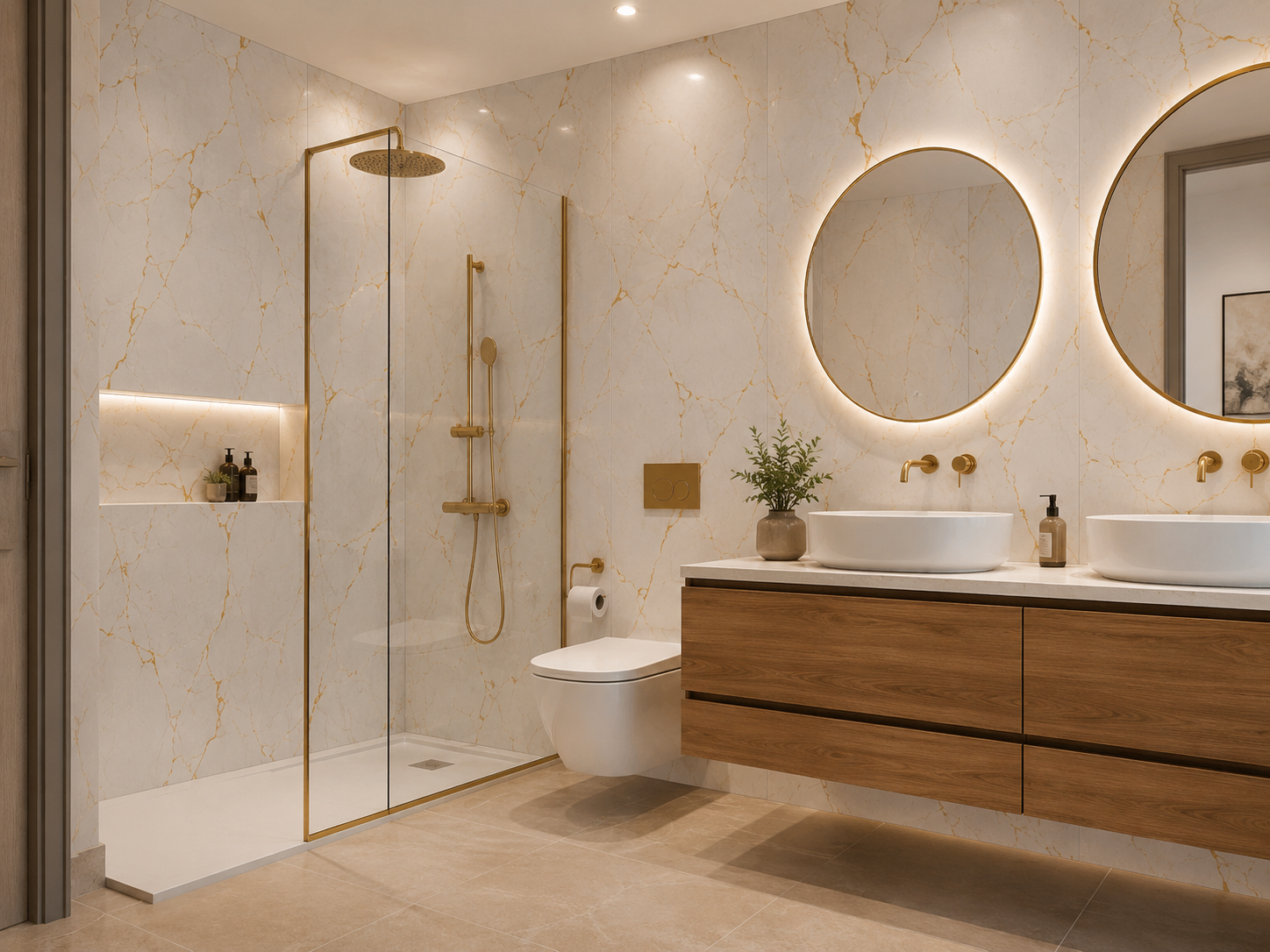 Baño con panel decorativo PVC Río Dorado